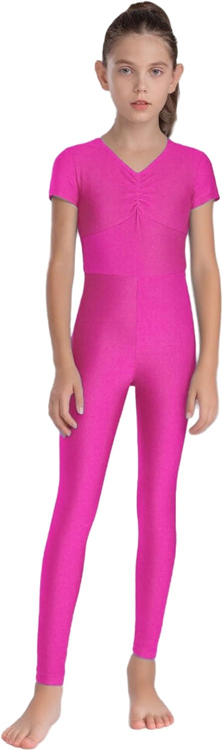 TiaoBug Kids Girls Gymnastics Dance Unitard Short Sleeve Full Body Leotard Figure Skating Jumpsuit Bodysuit Dancewear