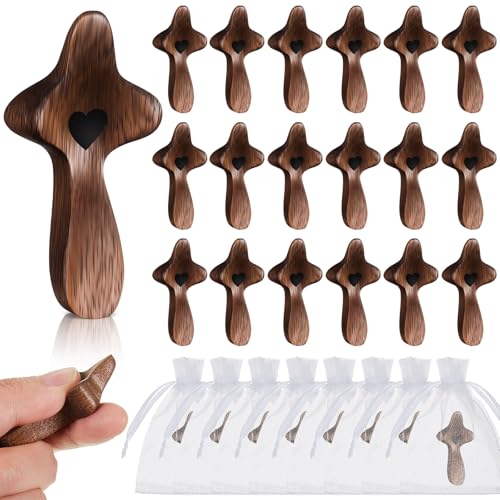 Threehoney 20 Pcs Cross My Heart, Encouragement Gift Small Wooden Handheld Pocket Crosses in Bulk with Organza Bag Wood Fingertip Stress Fidget Relief Religious Craft for Christians Prayer Church