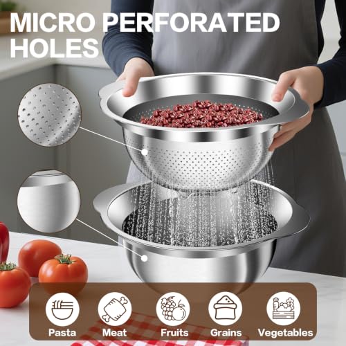 Image of Stainless Steel Strainer with Mixing Bowl, Rice Washer, Colander for Kitchen, Rice Strainer, Fruit and Vegetable Wash, Microporous Colander, Fruit Cleaner Bowl, Dishwasher Safe
