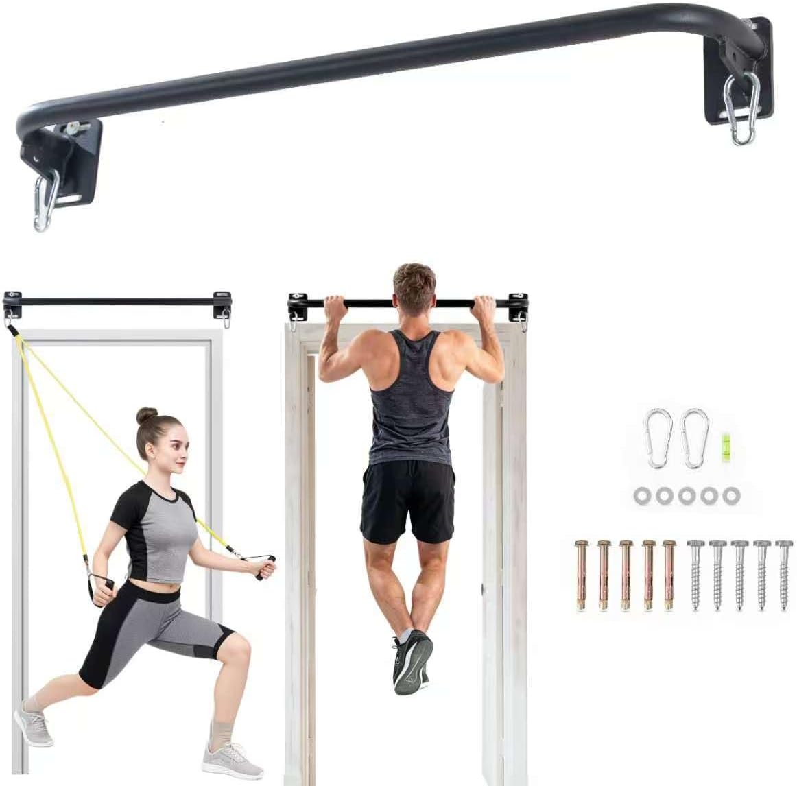 Heavy Duty Wall Mounted Pull Up Bar with 8mm Thick Steel Plates & Heavy-Duty Carabiner, Strength Training Bar for Home Gym, Garage and Indoor Workout
