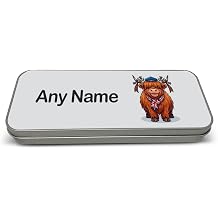 Personalised Gift - Funny Highland Cow White Metal Pencil Case Tin Farm Animal Design Custom Name Message Box Organiser - Cute Union Jack Scarf Flat Cap