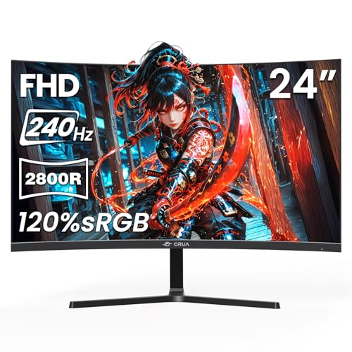 CRUA 24 inch FHD 240Hz Gaming Monitor Curved 2800R Display Screen 1080P(1920x1080) 120% sRGB Fast 1ms(GTG) FreeSync VESA Suitable for e-sports games office and home use Built in Speaker
