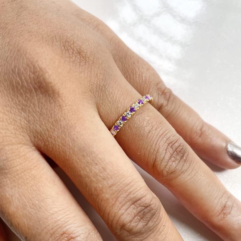 2 mm Amethyst & White Diamond Half Eternity Wedding Band For Women, 14k Gold Finish Amethyst Wedding Band, Ladies Alternate Diamond Ring
