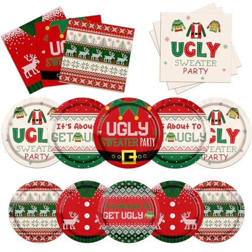 HAKOTI Christmas Party Decorations,90Pcs Ugly Sweater Party Decorations Set Christmas Plates and Napkins for New Year Ugly Sweater Dinnerware Xmas Holiday Party Disposable Supplies