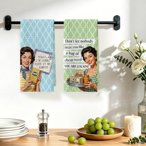Image of 2 Pcs Funny Housewives Kitchen Towels, Housewarming Gifts Dish Towels | Humorous Pattern Hand Towel Kitchen Decor, Waffle Weave Microfiber Cleaning Cloth Wash Cloths Tea Towel 14 x 24 Inch Set of 2