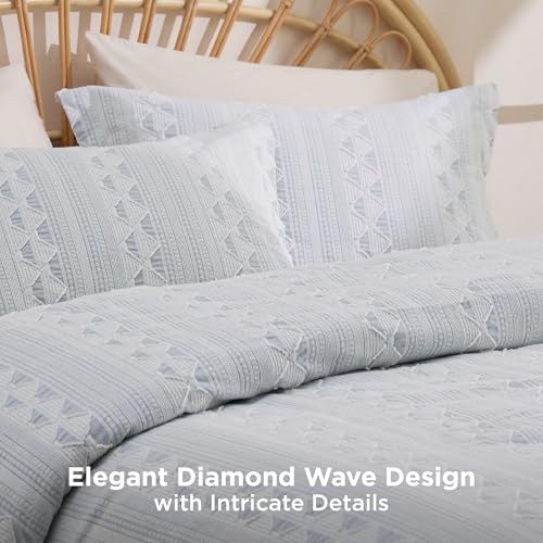 Image of Bedsure Sky Blue Queen Size Comforter Set - Soft Cotton Bedding Set for All Seasons, Stripe Fluffy Bed Set 3 Pieces with 1 Waffle Weave Comforter Queen Size and 2 Pillow Shams