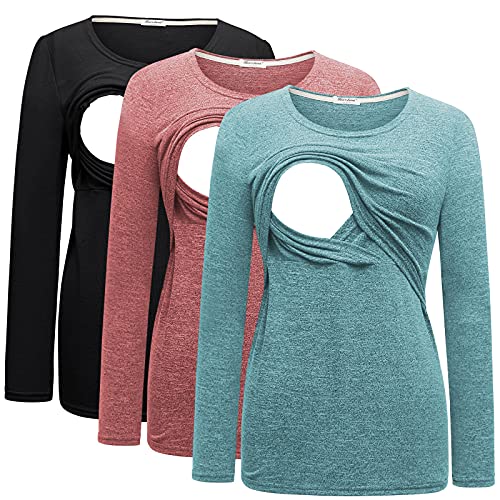 Image of Bearsland Women's 3 Packs Maternity Clothes Long Sleeves Breastfeeding Shirts Nursing Top