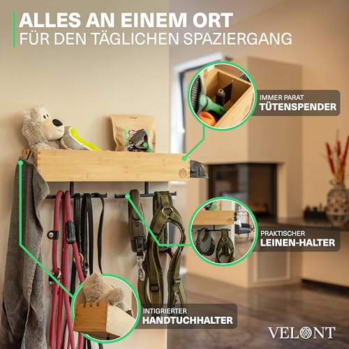 VELONT Hundegarderobe mit Ablage Personalisiert - Größe XL - Perfekter Leinenparkplatz - Bambus - Dogstation für Leinen & Zubehör - Inkl. Kotbeutelspender und Montagekit (02 XL)