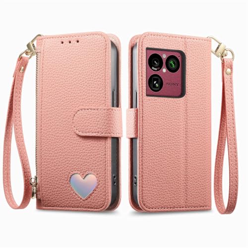 COQUE Etui portfelowe do Sony Xperia 1 VIII, z przegródkami na karty i stojakiem, magnetyczne zamknięcie, wzór serca i odporny na wstrząsy pokrowiec do Sony Xperia 1 VIII-różowy