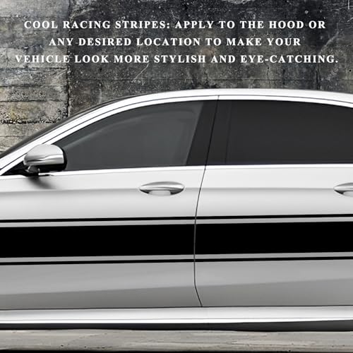 Image of 2 PCS Car Hood Sticker, 70.9 inch x 7.3 inch Waterproof Racing Stripes Auto Body Side Decals, Sports Style Hood Sticker Exterior Decoration for Most Vehicles, Car Accessories (Black)