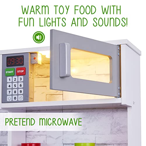 Lil' Jumbl Kids Kitchen Set, Pretend Wooden Play Kitchen, Battery Operated Icemaker, Burners, Faucet & Microwave Makes Realistic Sound & Light, Pots & Pan Included - White #TOP5