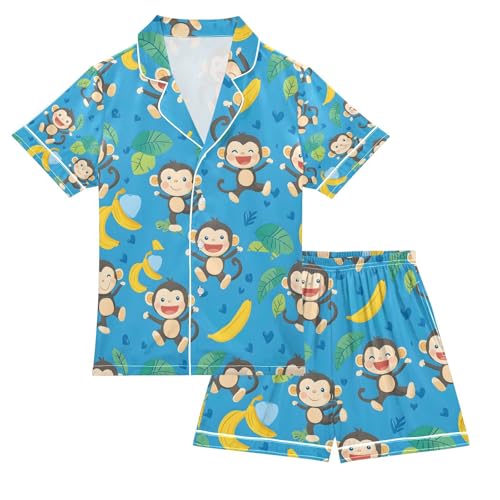 senya Cute Monkey Banana Tropical Satin Summer Pajama Sets Silk Short Sleeve Button Down Sleepwear