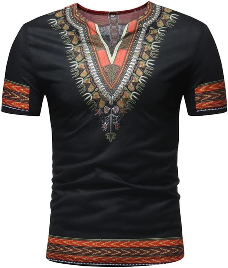 YANKIA African Clothing for Men Dashiki Tracksuit Tribal Attire Traditional Short Sleeve Shirts Fashion V-Neck T-Shirt Tops (Color : Black, Size : Medium)