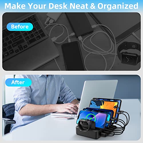 Charging Station For Multiple Devices, Creative Design 50W 6 Ports Charger Station With Apple Watch Holder & 6 Cables, Charging Dock For Ipad Cellphone Kindle Tablet And Other Electronic (Black) #TOP1