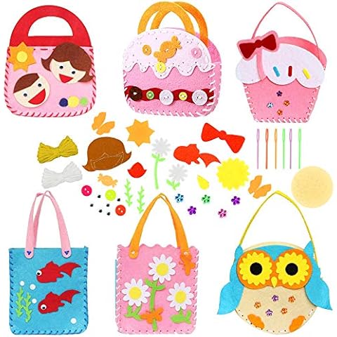 Favengo 6 Pcs Sewing Kit for Kids, Sewing Kit of Girls Handbag DIY Children Sewing Crafts Handbag with Safety Needle & Harmless Felt Fabric Felt Sewing Gifts for Children Girls Boy School 6 Patterns Cover