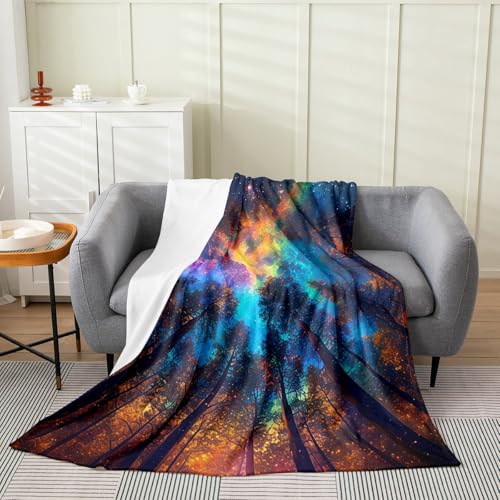 Manfei Coperta con albero della vita, per ragazzi e ragazze, coperta in flanella con paesaggio fantasy, per divano, camera da letto, ufficio, biancheria da letto leggera e morbida, blu e gialla