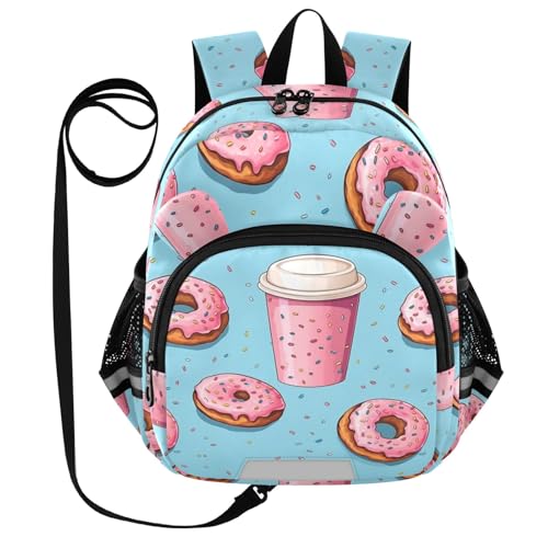 Kid's Backpack for Boys & Girls Toddler Bag Cartoon Pink Donuts and Drinks Backpack with Safety Leash