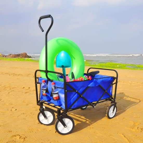 Collapsible Outdoor Utility Wagon, Heavy Duty Folding Garden Portable Hand Cart, with 8“ All-Terrain Wheels and Drink Holder, Adjustable Handles and Double Fabric, for Beach, Garden, Sports (Blue)