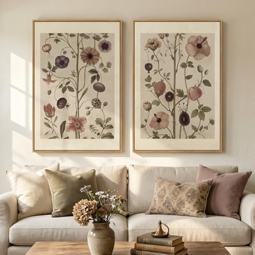 Large Framed Vintage Botanical Wall Art Set of 2, Neutral Antique...