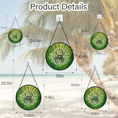 Image of Glass Window Hanging - Black Green Horror Spider Web Suncatcher for Doors Garden Patio Sun Catchers Decor Christmas Halloween Birthday Gifts for Women Men Mom Nana Friend 15 in