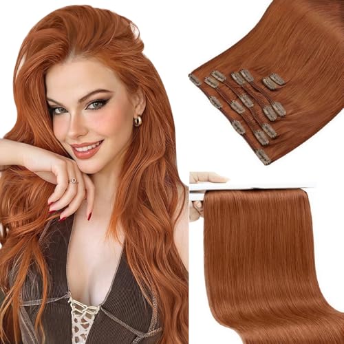Image of Sunny Hair Clip in Hair Extensions Real Human Hair 135g for Fuller Hair | 18 Inch Human Hair Clip in Extensions Copper Orange Secure Hold Clip Ins Full Yet Comfortable for Casual Wear