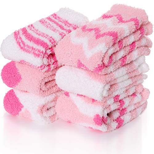 Womens Fuzzy Slipper Socks Soft Cabin Warm Fleece Cozy Fluffy Winter Sleep Stocking Stuffers Plush Christmas Socks 6 Pack for Adult ?Mix Pink?