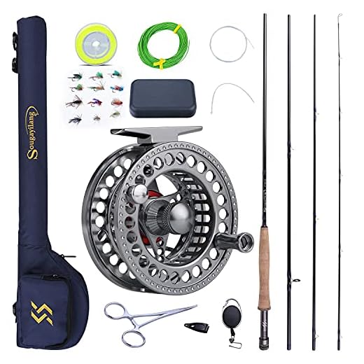 Sougayilang Fly Fishing Rod and Reel Combo, 4 Pieces Ultra Lightweight Portable Fly Rod and CNC Machined Aluminum Alloy Reel Complete Starter Package with Rod Bag-#5/6