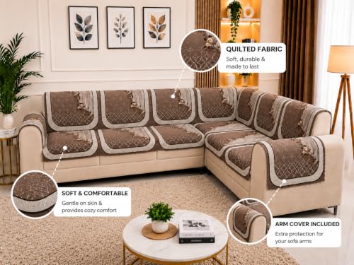 Image of Printed 7 Seater L-Shape Sofa Cover with Arm Covers, Quilted Texture, Sectional Couch Protector for Living Room-Pack of 15 (Brown Vine)