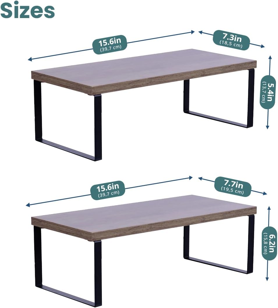 Sben Cabinet Organizer Shelf, Set of 2 Kitchen Counter Shelves, Kitchen Storage, Spice Rack, Stackable, Expandable, Metal and Engineered Wood, Ink Black and Brown Surface