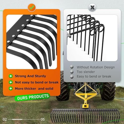 KUAFU 60In Landscape Rake, 3 Point Rake, 360 Rotation Compatible with Category 1, Cat1 Tractors Tow-Behind Garden Tool for Garden, Farm, Clearing Brush, Raking Arenas 2 Package Yellow