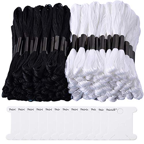 Peirich 96 Black White Skeins Stranded Cross Stitch Floss Friendship Bracelets String Embroidery Thread with 12 Pieces Floss Bobbins, Cross Stitch Project