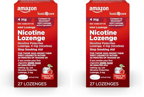 Image of Amazon Basic Care Nicotine Polacrilex Mini Lozenge 4 mg, Stop Smoking Aid, Cherry Ice Flavor, 27 Count (Pack of 2)