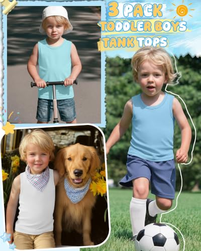 Image of Yooo's Vivi 3 Pack Toddler Boys Tank Tops | Toddler Boys Undershirts, 18M-5T, Sleeveless Muscle Shirt, Kids Athletic Tops, Crewneck, Summer, Loose, Basic, Sport, Play