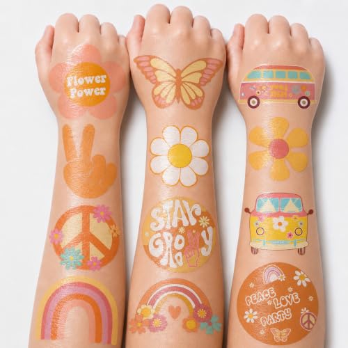 Image of 96 PCS Groovy Temporary Tattoos for Kids - Retro 60s 70s Hippie