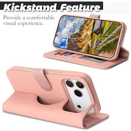 Image of Detachable Genuine Leather Case for iPhone 17 Pro Wallet Case Magnetic 2in1 Removable Flip Cover Book Purse Compatible with Magsafe Charging Kickstand Card Holder-Pink