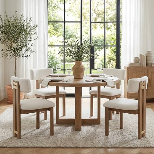 Image of HNY Modern Farmhouse Boucle Dining Chairs Set of 4, White Sherpa Fabric Upholstered Dining Room Kitchen Chairs with Natural Wood Frame & Curved-Back, Armless Accent Wood Chairs for Dining Living Room