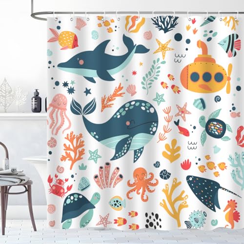 Image of Kids Cartoon Ocean Shower Curtain Cute Fish Sea Turtle Whale Dolphin Funny Underwater Submarine Animal Sea Life Children Boy Home Bathroom Decor Waterproof Fabric 72Lx72W Inch with 12PCS Hooks