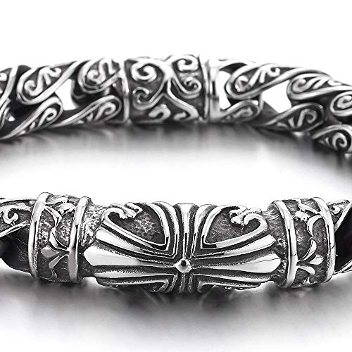 COOLSTEELANDBEYOND Retro Style Tribal, Mens Steel Cross Charm Vintage Link Chain Bracelet Spring Clasp, 8.7 Inches2