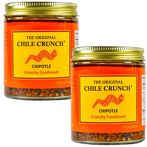 CHILE CRUNCH - Chipotle Spicy Crunchy Condiment - All Natural Roasted Chili Peppers, Garlic &amp; Onion Crisp Sauce - Vegan, Gluten-Free, No Preservatives - Homemade Authentic Mexican Recipe 5.5oz (2 Pack)