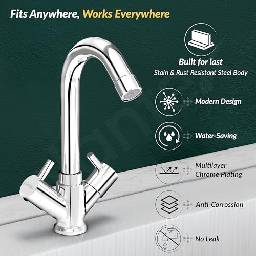 Image of Plantex Brass Spindle Basin Mixer /Wash Basin Tap with Water Saving Nozzle /Sink Tap for Kitchen Basin with Teflon Tape -(MKS-1270-Chrome)