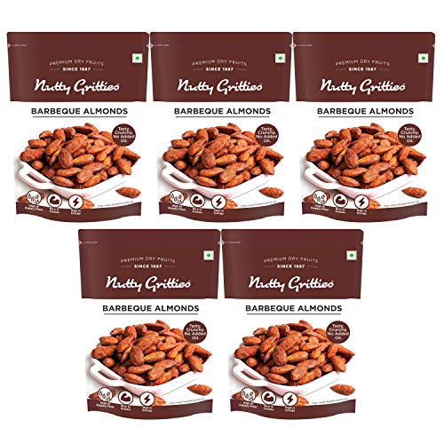 Image of Nutty Gritties Party snacks Barbeque Almonds (BBQ) - Healthy Party Snack, Dry Roasted, Non Fried, Zero Oil, Crunchy, Tasty | Resealable Pouch - 200g (Pack of 5)