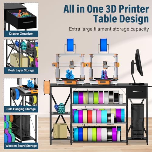 Heavy Duty 3D Printer Table with Storage, Large 4-Tier 3D Printer Stand with Power Outlet & Drawer, Sturdy Wooden Desk & Metal Filament Rack for Workshop, Home Office Black by Wanyshapy - Image 5