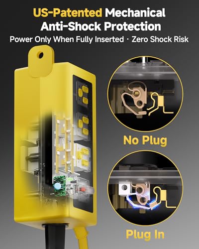 Image of Outdoor Extension Cord, 6 Wide Outlets, 1875W /15A, 15FT 14AWG Heavy Duty SJTW Power Strip with Surge Protector, All-Weather & IP66 Fully Waterproof, Ideal for Patio, Garden, Pool, RV, Yellow