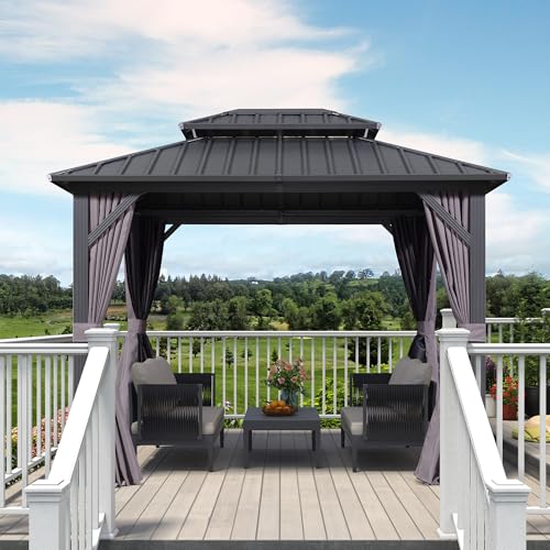 Purple Leaf 8' x 10' Galvanized Steel Double Roof Gazebo with Netting and Curtains