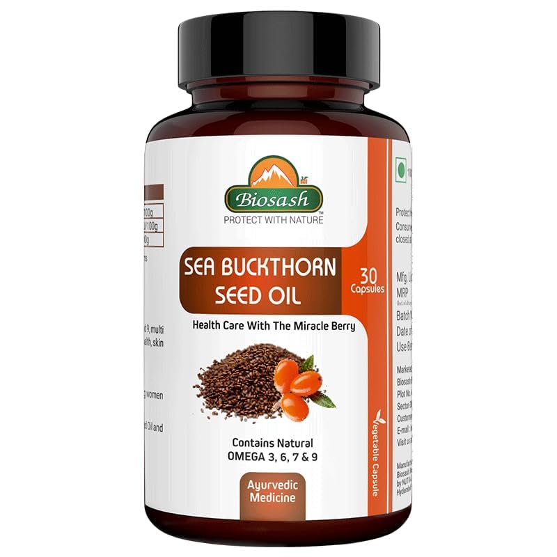 Image of Biosash Sea Buckthorn Seed Oil Capsules 30 Caps | CO2 Extracted from Certified Organic Berries | Omega 3 6 7 9 | Liver Health | Rich in Antioxidants & Vitamins | Skin, Hair, Immunity & Wellness |