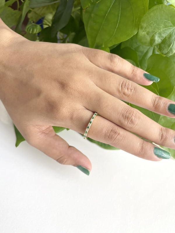 2 mm Wide Green Emerald & White Diamond Full Eternity Ring For Women, 14k Gold Finish Green Emerald Anniversary Wedding Band, Ladies Alternate Diamond Ring