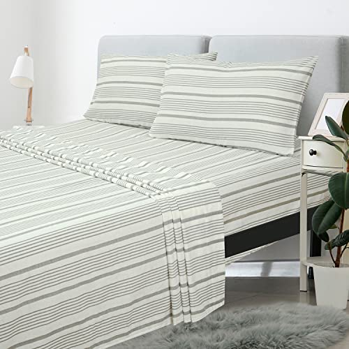 Royale Linen 300 Thread Count 100% Long Staple Combed Cotton Sheet Set - 4 Piece Bed Sheet 1 Fitted Sheet, 1 Flat Sheet, 2 Pillow Case - Breathable, Cool & Crisp Percale Sheet Set (Stripe Grey, Queen) #TOP2
