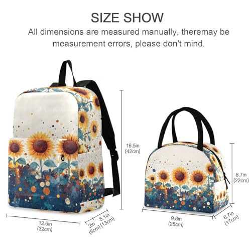 Backpack Lunch Bag Set Art Sunflowers Print, Big Storage Travel Backpacks with Insulated Lunch Box for Office Hiking Picnic2