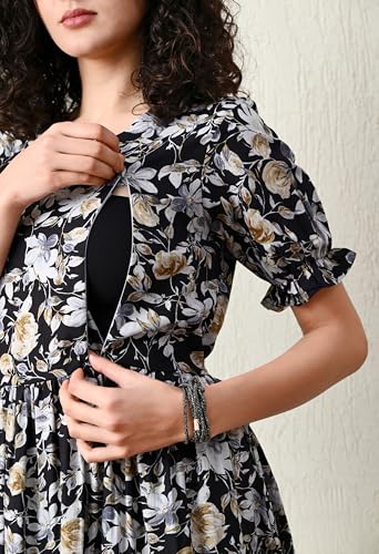 Image of Ichaa Women's Aqua Rayon Printed Maternity Dress with Feeding Zips and Pocket, in Plus Sizes