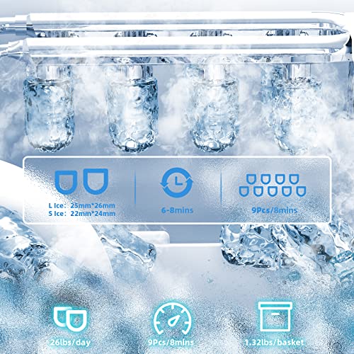 Eiswürfelmaschine Klein, Hocheffiziente Eiswürfelbereiter, 9Stück/6-8Mins, 12kg/24H, L&S Eis, Auto Reinigung… – Bild 3